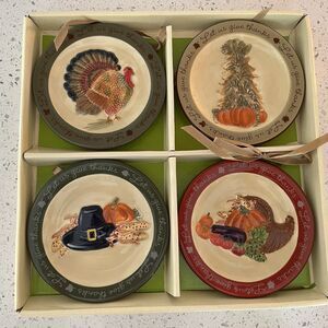 MWW Market Mini Plates Set of 4 Let US Give Thanks 4 .5" Turkey Pumpkins Vintage